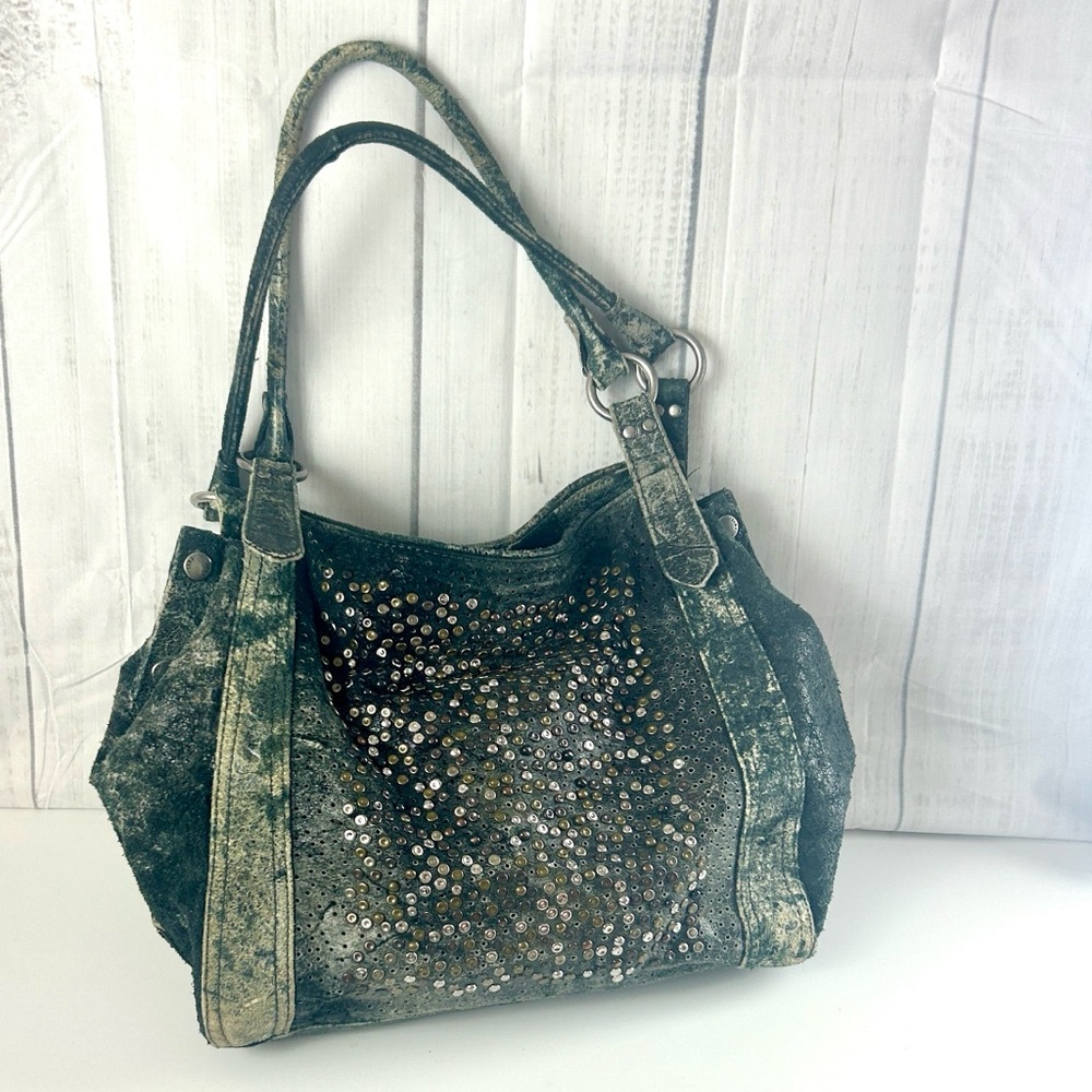 Rare Frye Deborah Studded Vintage Distressed Leather Tote Black/Gunmetal 🩶